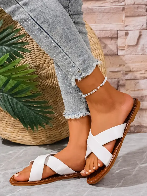 Women's Fashionable Plain Color Slides, Casual Comfortable Crossed Strap Slides for Summer, Lightweight Breathable Slides for Beach Vacation, Walking Shoes 5