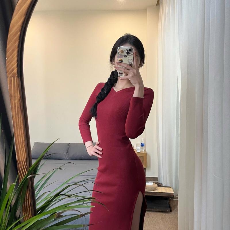 Đầm đỏ đi chơi, thun tăm dài, co dãn, cân nặng: 50-70kg eo dưới 5