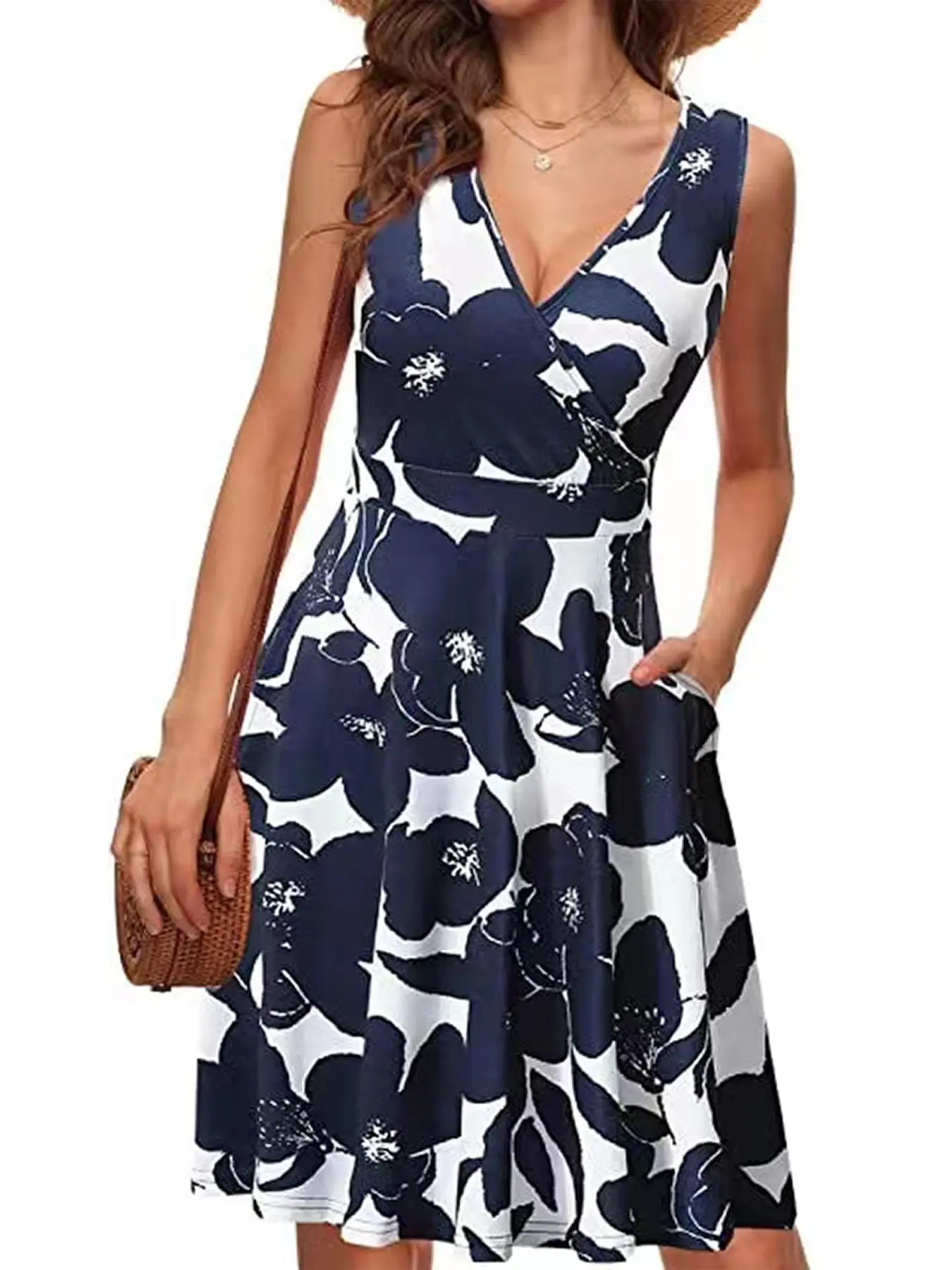 Women's Floral Print Wrap V Neck Tank Dress, Boho Sleeveless A Line Dress for Beach Holiday Vacation, Ladies Summer Clothes