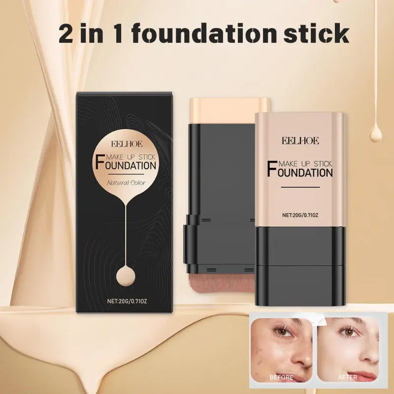2 In 1 Foundation Stick With Brush Makeup Cosmetic Foundation Stick Double End Brushed Seamless Coverage Long Lasting Brightening Skin Tone Lazy Person's Beauty Tool