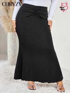 CURVZY Plus Size Solid Ruched Mermaid Skirt, Elegant High Waist Long Skirt for Party Holiday Wedding Guest, Women's Clothes for Fall