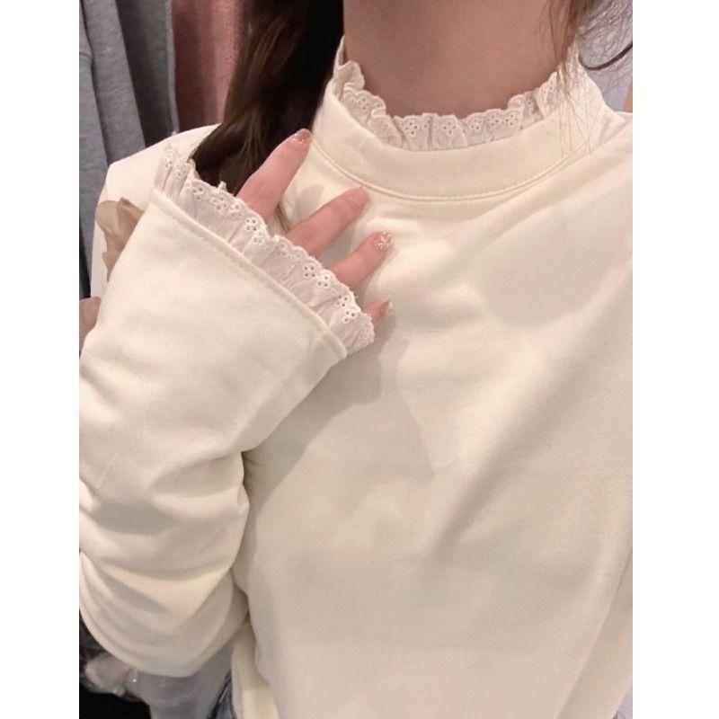 [Có Sẵn] Áo giữ nhiệt thun cổ và tay mix ren thiết kế mới thời trang theo phong cách Nhật Bản dành cho nữ Hàng QC- TD003