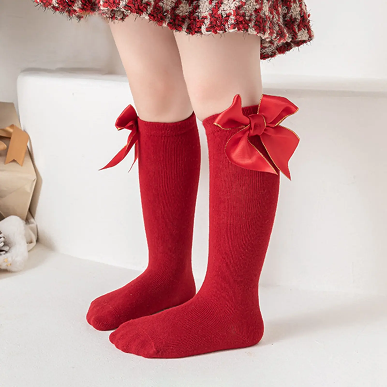 Baby Kids Girls Long Socks Sweet Bow Socks Soft Elastic Lightweight Toddler Socks for Daily Christmas