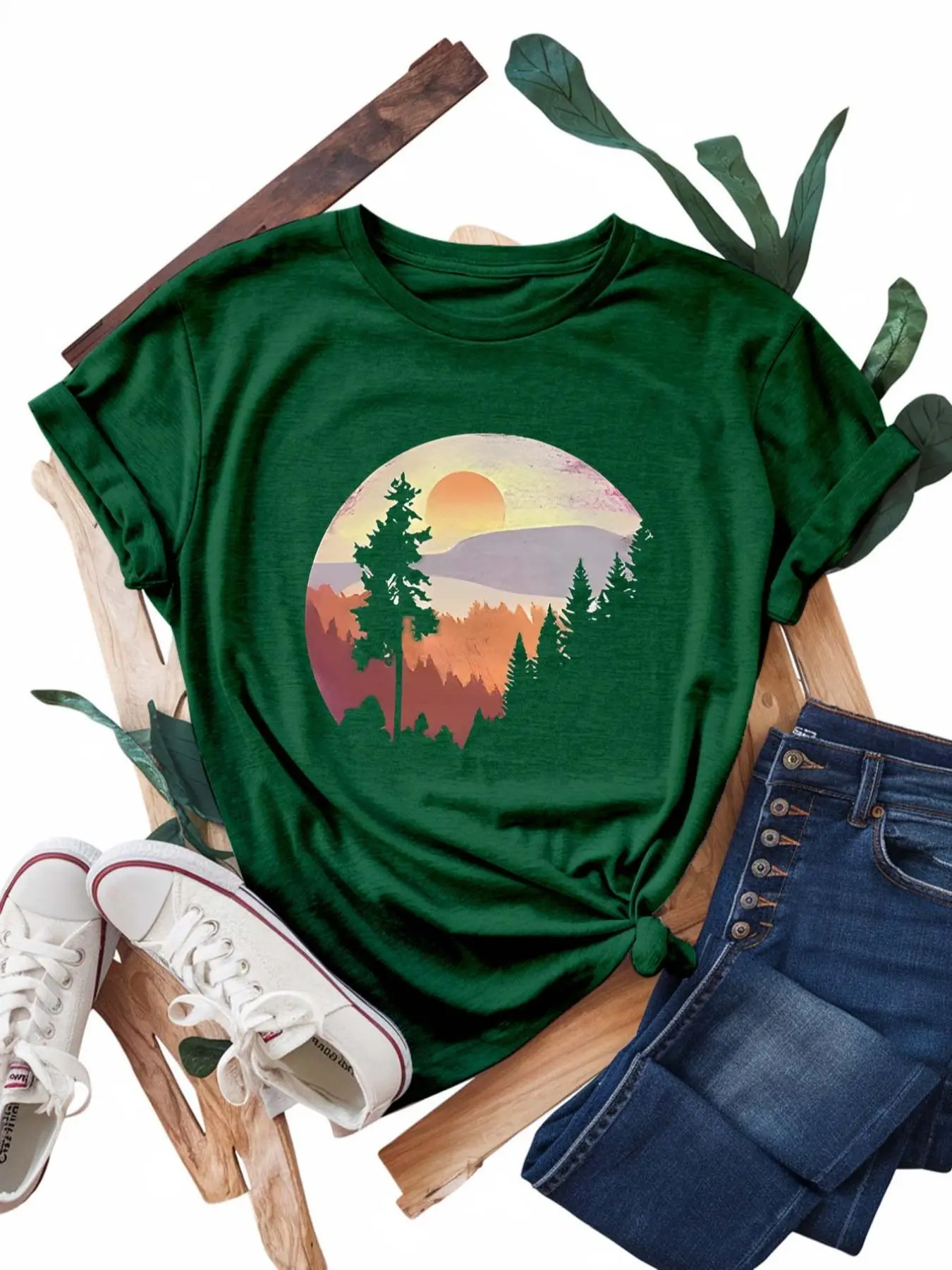 Women's Vintage Graphic Print Round Neck Tee, Casual Short Sleeve T-shirt for Summer, Ladies Clothes for Daily Wear, Top