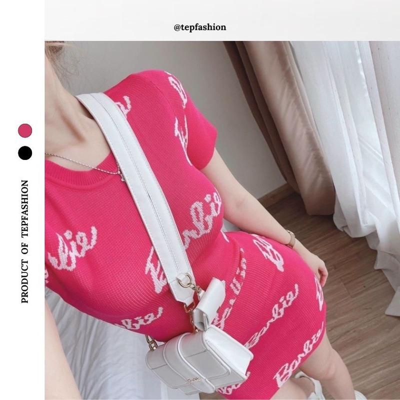 Gaeul store- Váy đầm len body nữ cổ tròn tay cộc in chữ BABIE chất len dệt kim