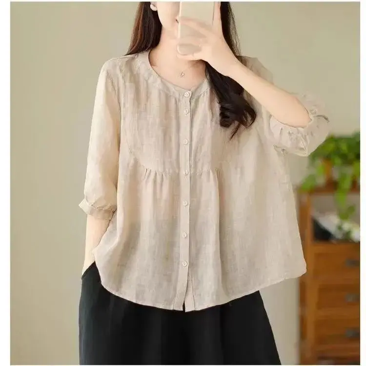 Áo Vải Lanh Và Cotton Cho Nữ, Ngoại Cỡ, Hàng Mới Về Mùa Hè, Thích Hợp Cho Bé Gái Đầy Đặn, Cao Cấp, Mẹ, Dáng Rộng, Bộ Sưu Tập 1407 Người, Che Bụng, Thích Hợp Cho Mùa Hè