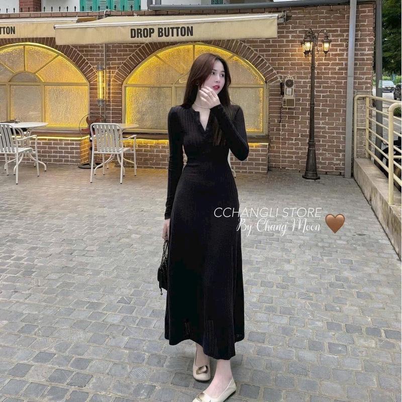 Đầm thun gân đũa tay dài đính nút đủ màu 1