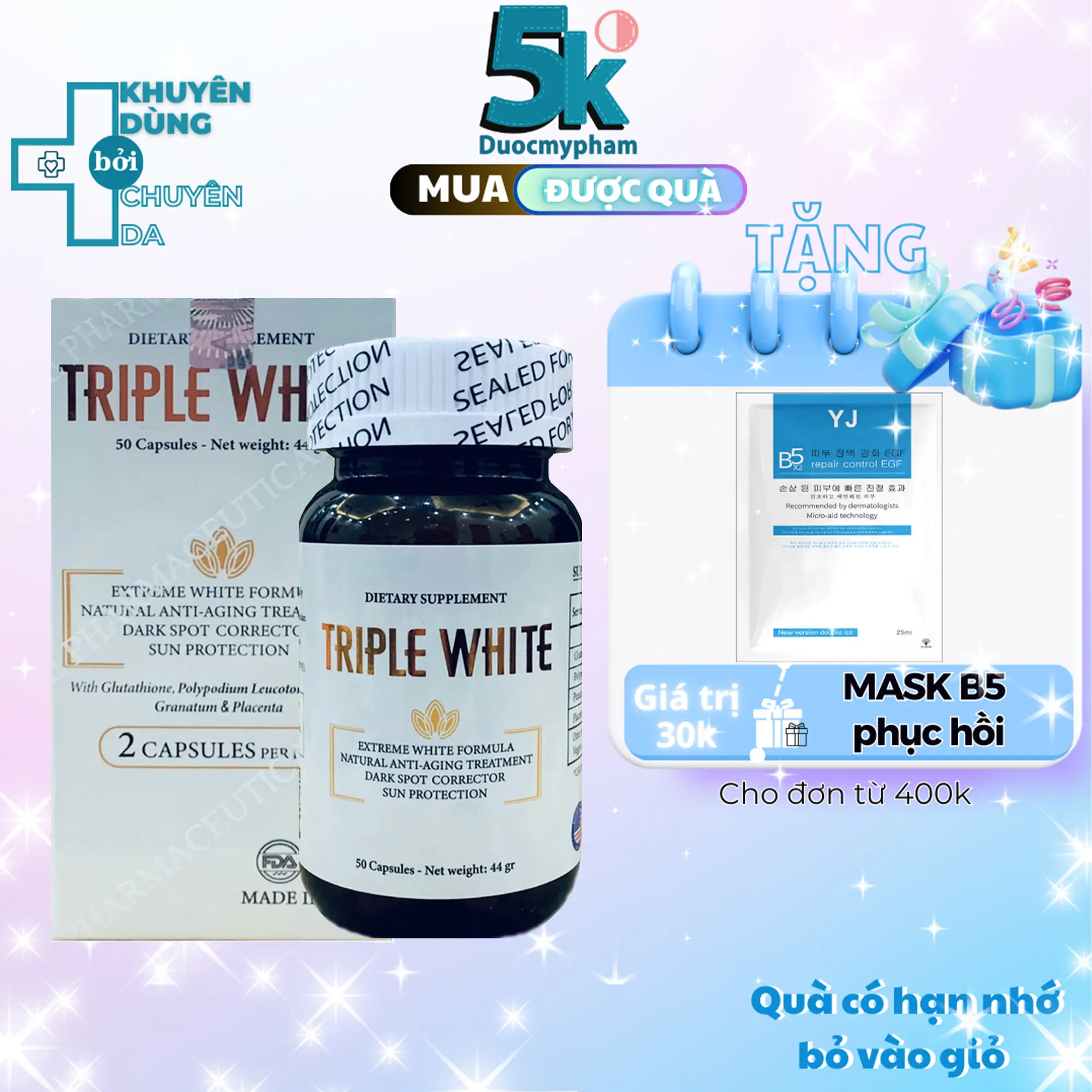 Viên Uống Triple White - Viên Uống Trắng Da, Chống Nắng & Giảm Thâm Nám Của Mỹ glutathione