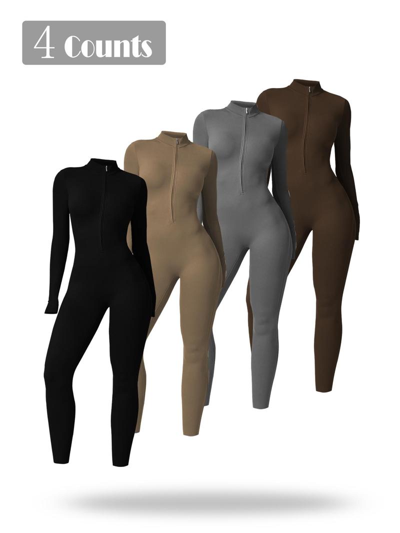 Product Introduction of Sporty Women's Solid Color Half Zip Mock Neck Sports Jumpsuit,  Tummy Control Jumpsuit,  Casual Comfy Breathable Long Sleeve Skinny Jumpsuit for Yoga Gym Workout, Ladies Sportswear for All Seasons 14