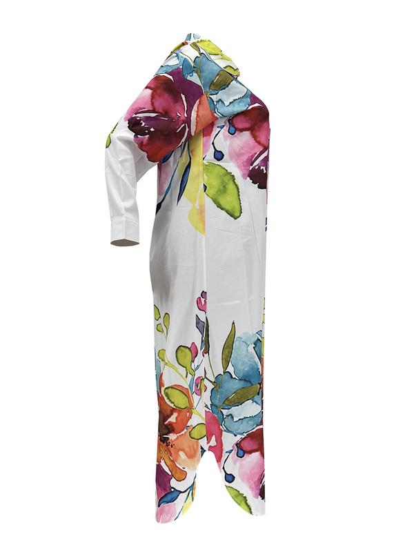 Women's All Over Print Button Front Asymmetrical Hem Long Shirt, Casual Long Sleeve Curved Hem Collared Top for Daily Outdoor Wear, Ladies Clothes for All Seasons 3