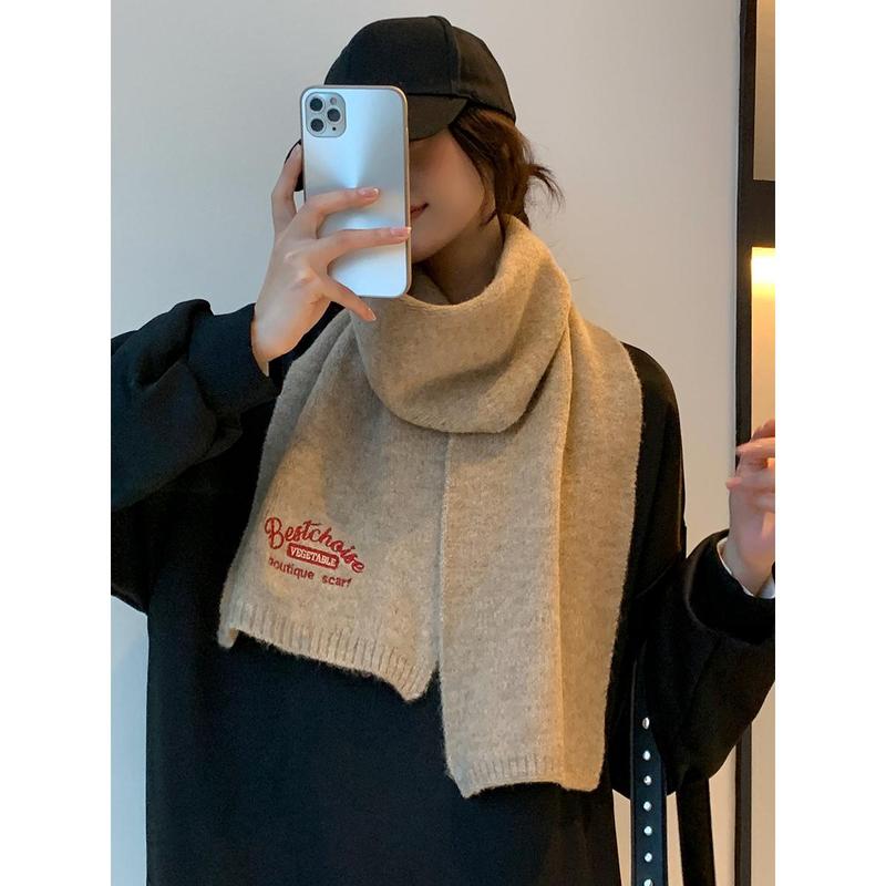 Embroidered Brown with Letters with Woolen Knitting Scarf Winter Girls 2023 New High-Grade Korean Style All-Match Scarf 3