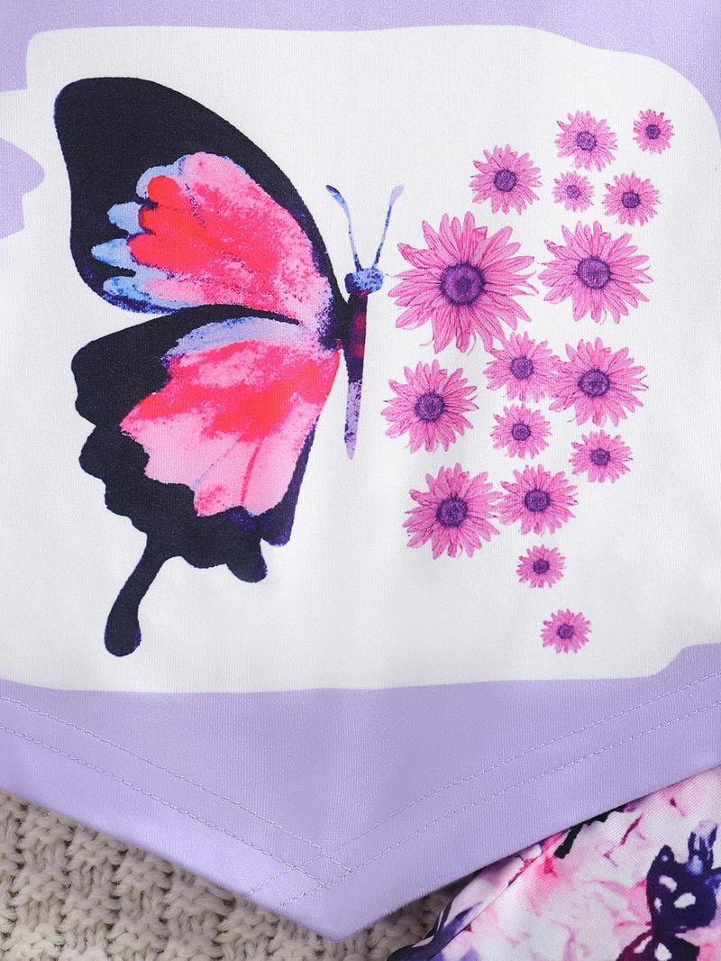 Product Introduction of Girl's Butterfly & Floral Print Tee & Flare Leg Pants Two-piece Set, Casual Fashion Round Neck Short Sleeve T-shirt & Bell Bottom Trousers for Daily Wear, Kids Summer Clothes 5