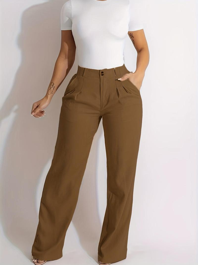 Product Introduction of Women's Solid Plicated High Waist Straight Leg Pants, Casual Pocket Trousers for Daily Wear, Ladies Bottoms for All Seasons 11