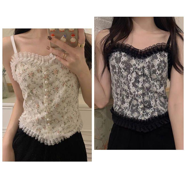 Product Introduction of Sexy lace floral cami top for women-sweet vintage slim fit tank with ruffle trim, adjustable straps, sleeveless bustier blouse, elegant floral print, versatile summer outfit for casual or layering Womenswear Lingerie Comfort Short 6