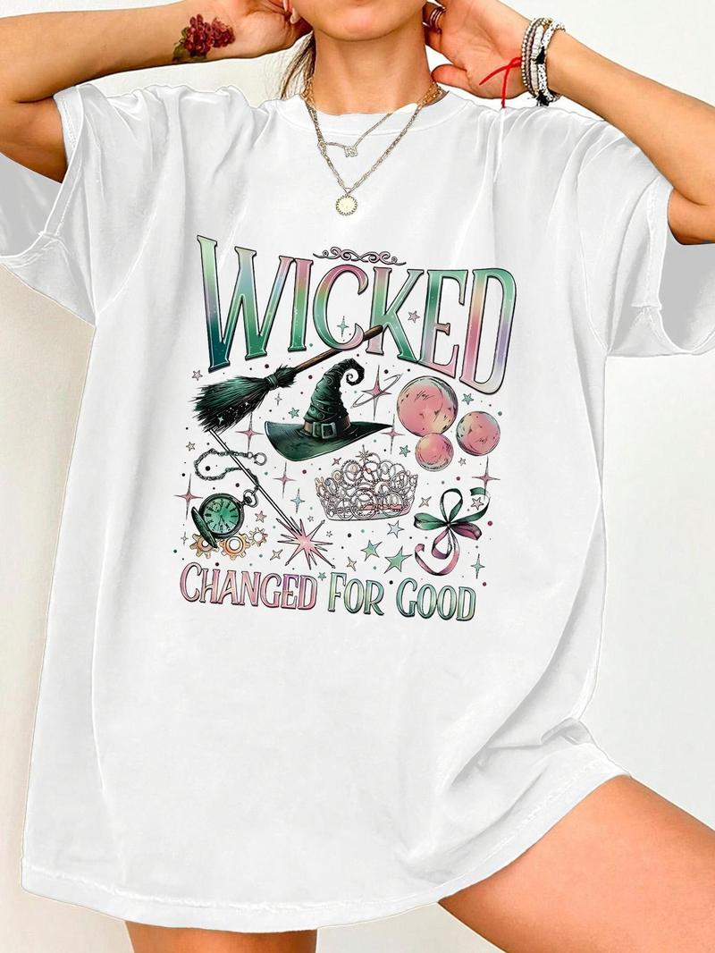 Product Introduction of Women's Wicked Witch & Letter Round Neck Graphic Tee, Trendy Apparel, Fashion Casual Graphic Print Half Sleeve T-shirt for Daily Wear, Ladies Clothing for All Seasons 1