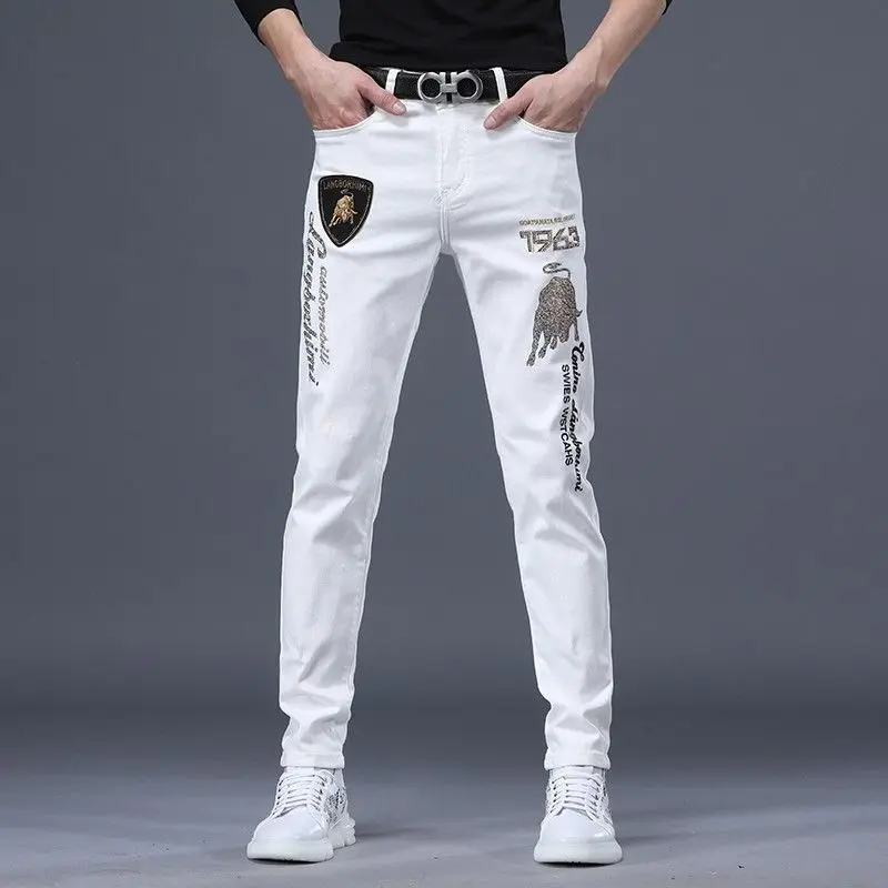 European Embroidered New Style White Jeans Men's Slim Fit Skinny Fashion Brand Stretch Taurus Fashion All-Matching Pants