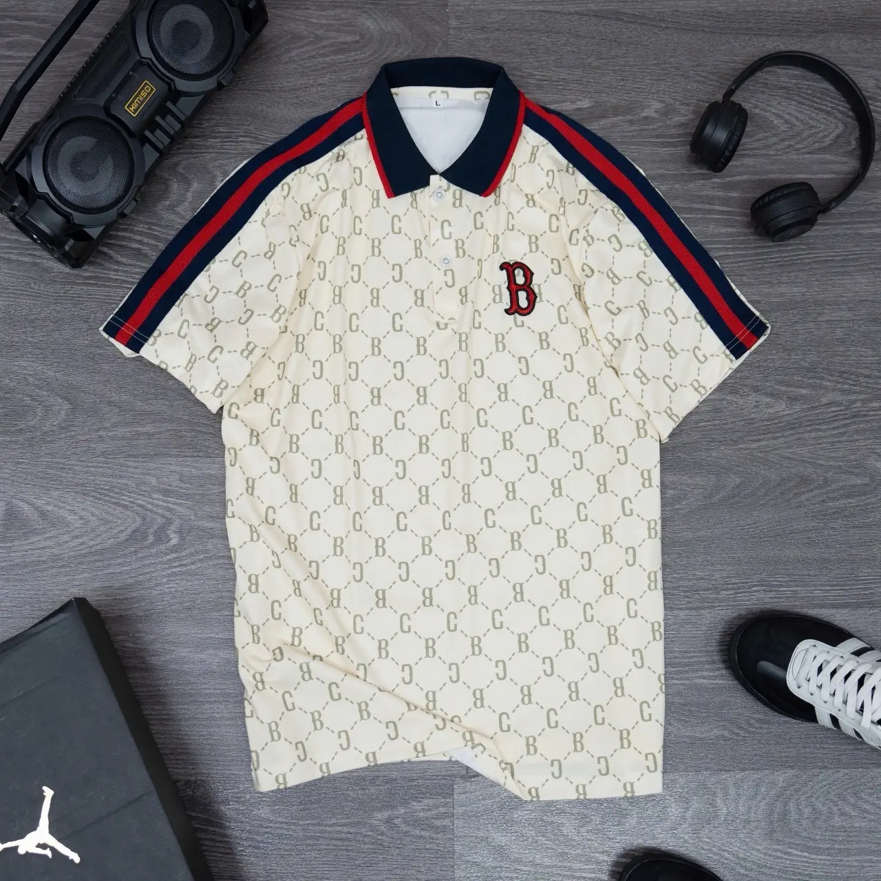 Áo Thun Polo LoGo thêu B có hoạ tiết Nam Nữ Trẻ Trung Năng Động Trắng Menswear Shirt