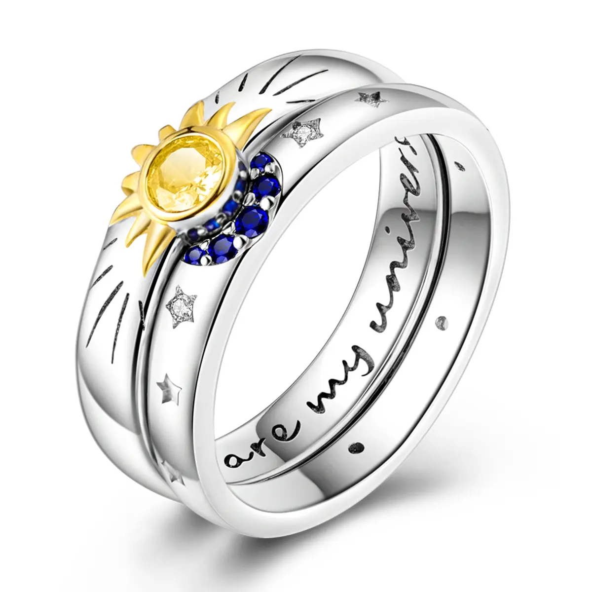 MULA Universe Galaxy Ring Set | 925 silver plated sun and star design, plated with platinum and gold | Engraved "You are my universe" | Perfect gift for women and couples