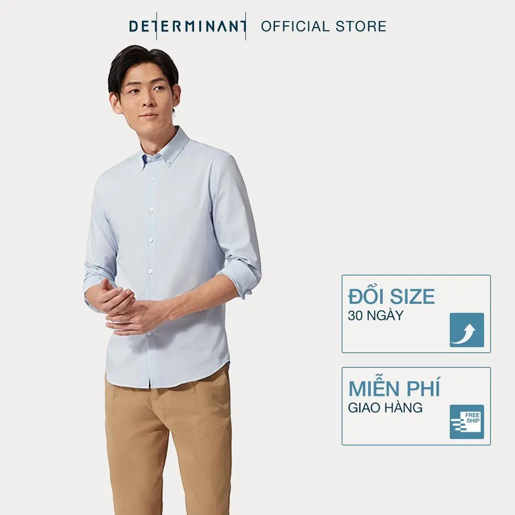 Áo sơ mi nam tay dài DETERMINANT 100% cotton - chống nhăn, kháng khuẩn - SS01 - màu Pale Blue