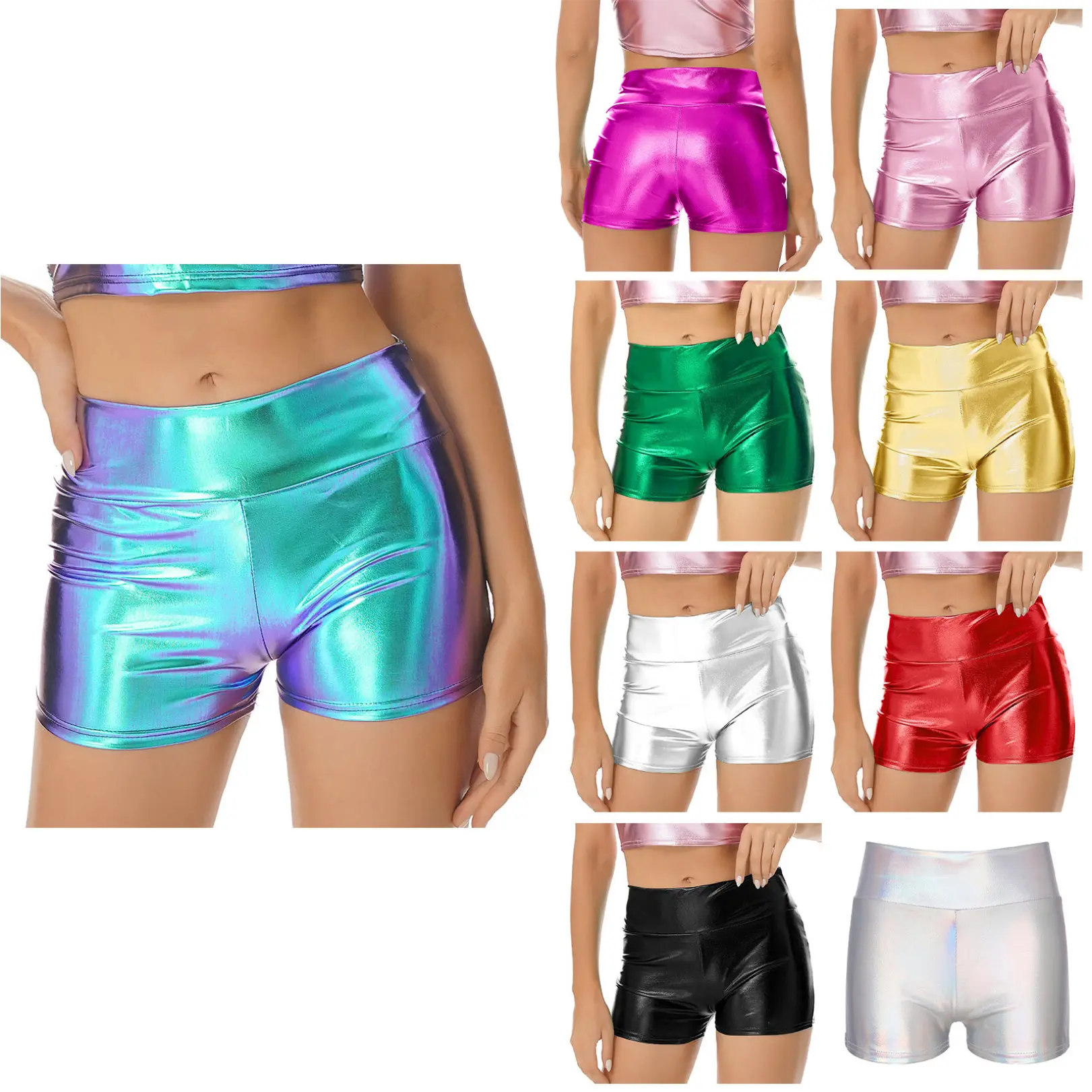 FEESHOW Women's Shiny Metallic Rave Booty Shorts Hot Pants Dance Bottom High Waist Slim Hips Biker Shorts