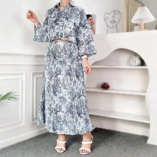 one set Wanita nature Korean vintage kemeja  crop &rok midi plisket Katun Motif Setelan 4