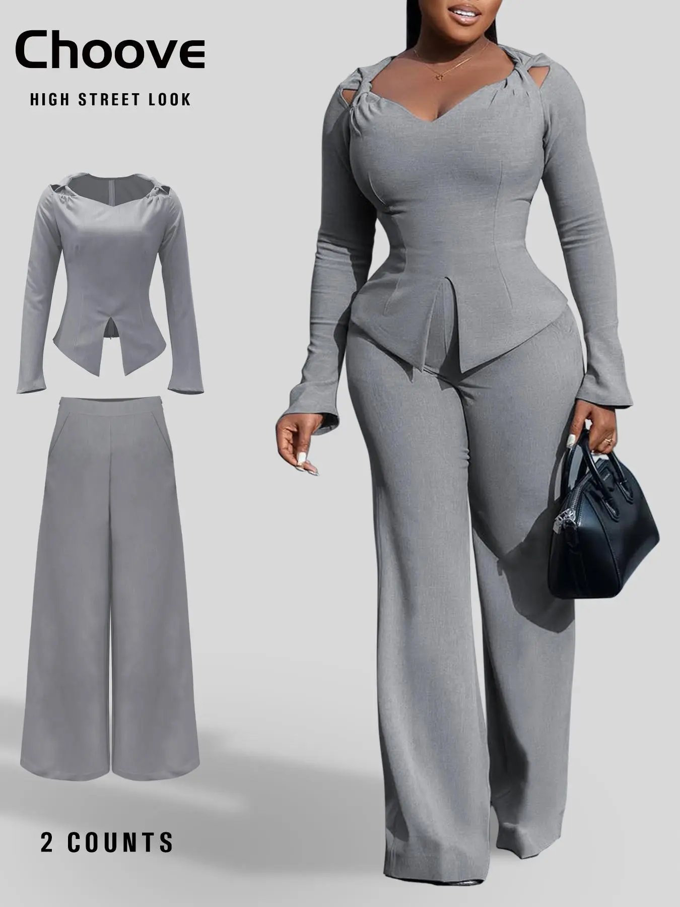 Women's Solid Color Top & Wide Leg Pants Two-piece Set, Elegant Fashion Casual Top & Trousers for Daily Outdoor Wear, Women's Clothing for Spring & Fall