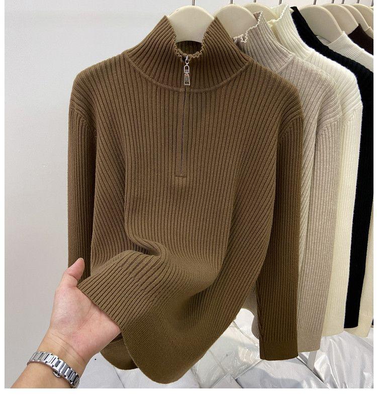 Product Introduction of 200 Wearable plus Size Polo Top Women's Autumn and Winter Half-High Collar Half-Open Zipper Sweater Loose Slimming Sweater Fashion 2