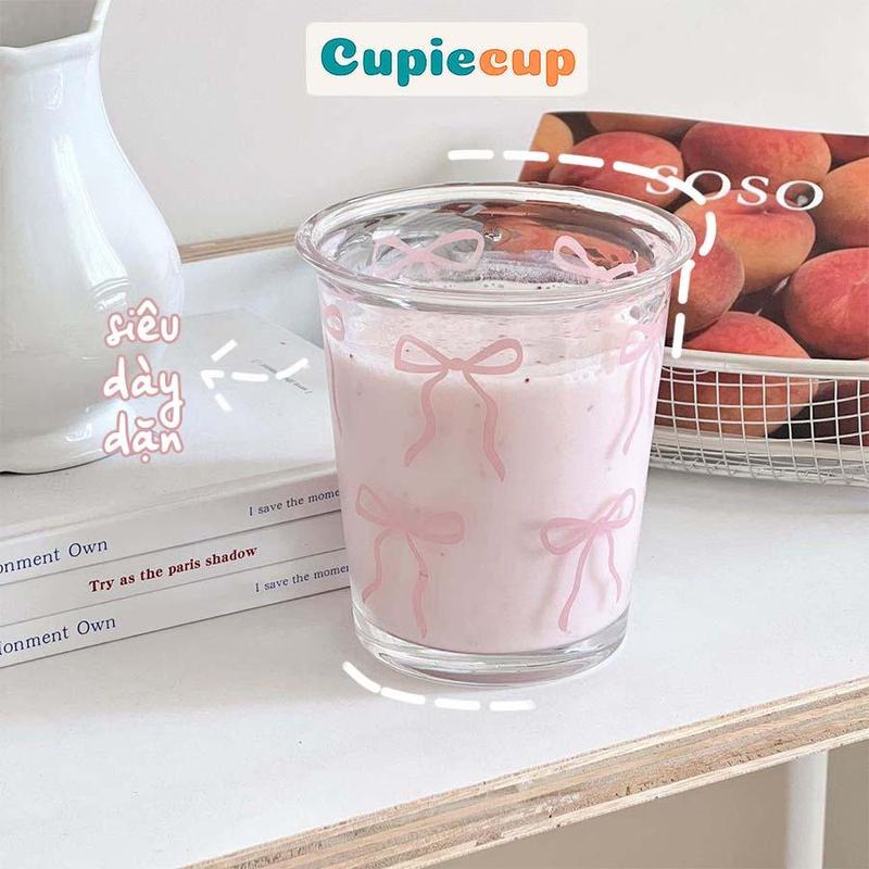 Cốc Thủy Tinh In Hình Cute Ly Uống Nước Hình Nơ Dung Tích 300ml Decor Siêu Xinh CTT017