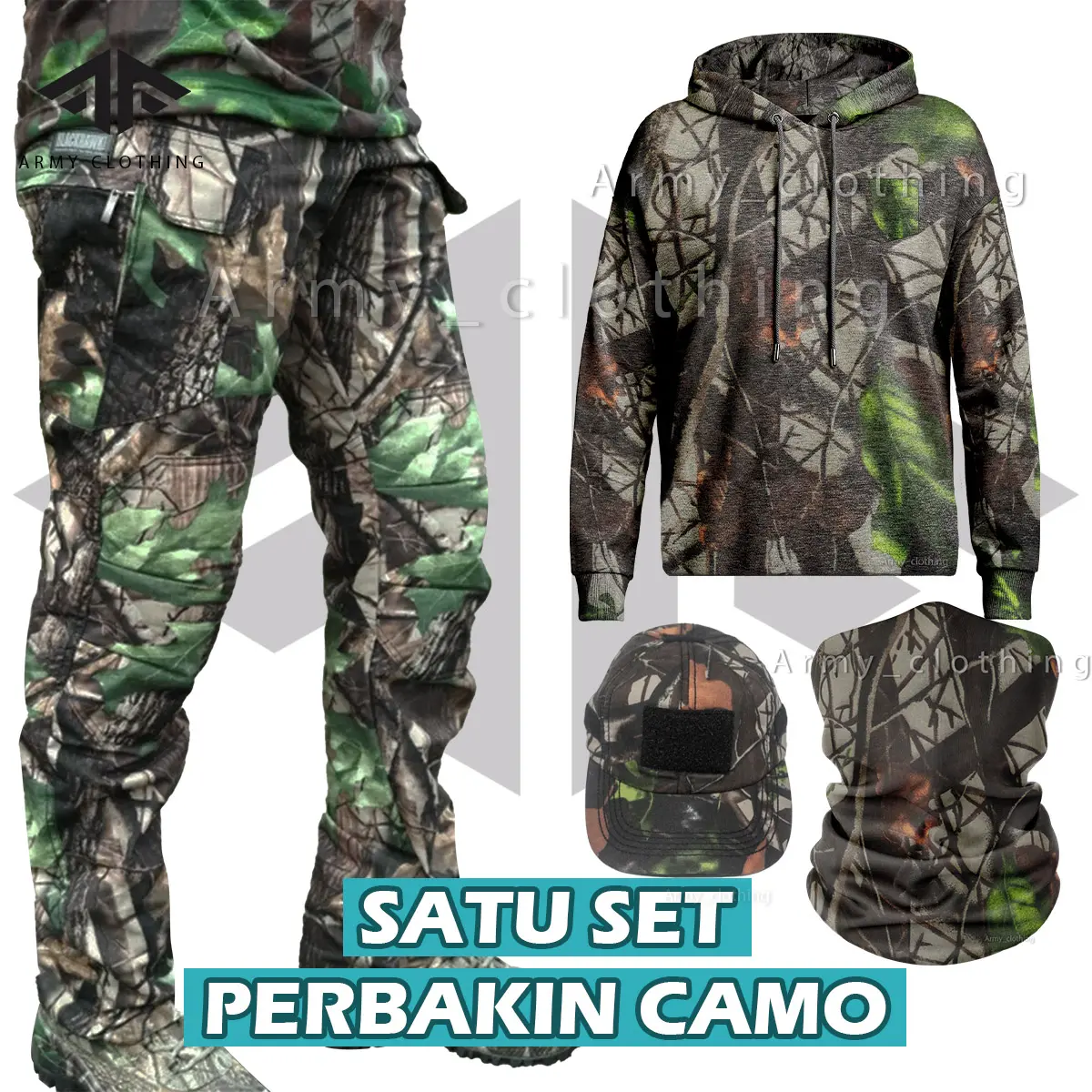 SATU SET SETELAN CAMO PERBAKIN HUNTING BERBURU