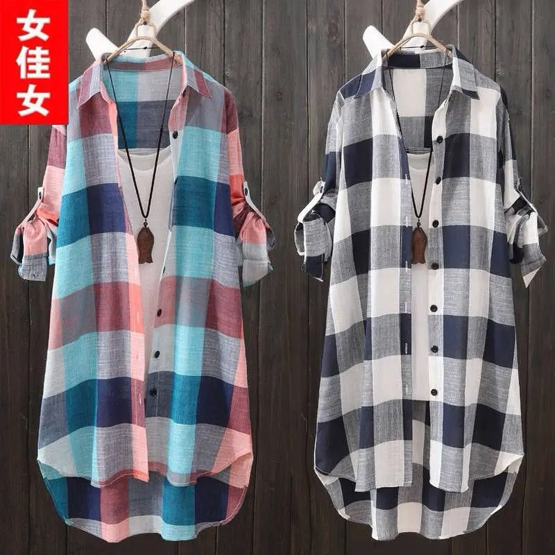 Áo Sơ Mi Dài Trung Bình Quần Áo Chống Nắng, Chất Liệu Cotton, Dành Cho Phụ Nữ, Cỡ Lớn, Áo Sơ Mi Kẻ Sọc Dáng Rộng Rãi, Phong Cách Thường Ngày 2023