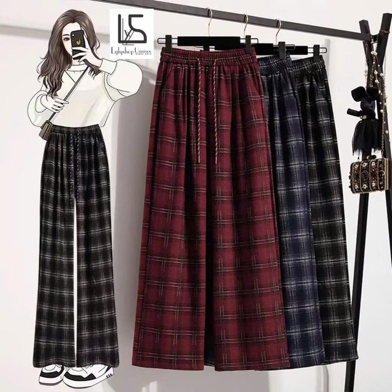 (Quần mẹ&bé) Quần caro ống rộng nỉ dạ dày dặn mềm mịn co dãn cạp chun bản to hottrend, Quần cho mẹ, quần cho bé Nữ