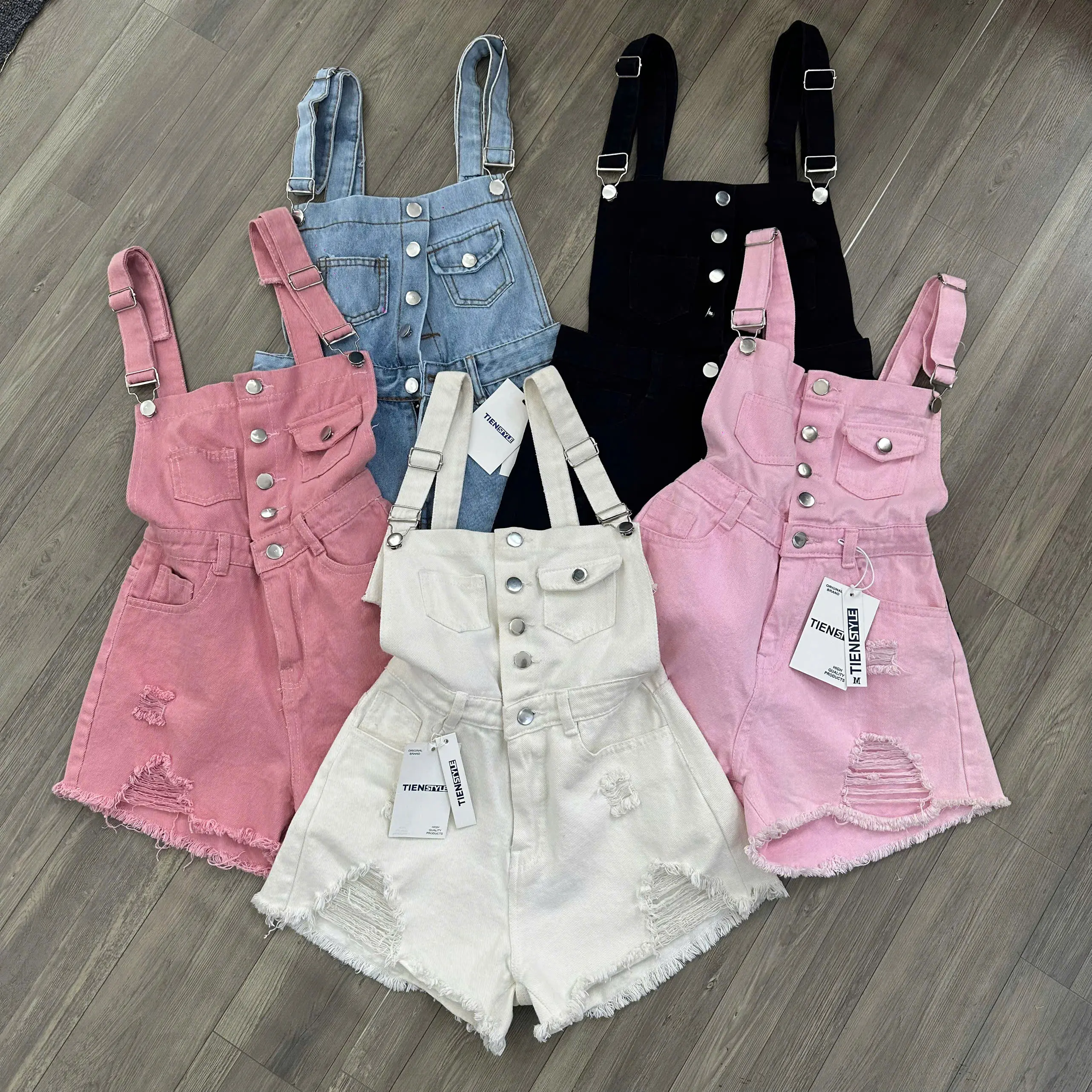 (S-3XL) Yếm Jean Nữ Rách Lai Tua Cá Tính-Quần yếm Demin Short 5 Nút Một Nắp Túi Pants Bigsize