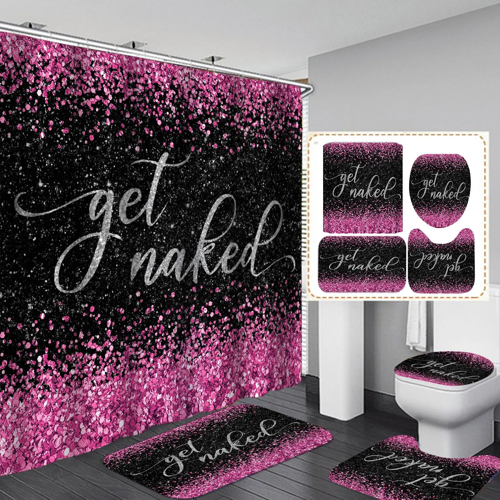 Sparkling Series Pattern Shower Curtain Set, 1 Shower Curtain & 1 Bath Mat & 1 U Shaped Mat & 1 Toilet Lid Mat, Bathroom Decoration Supplies