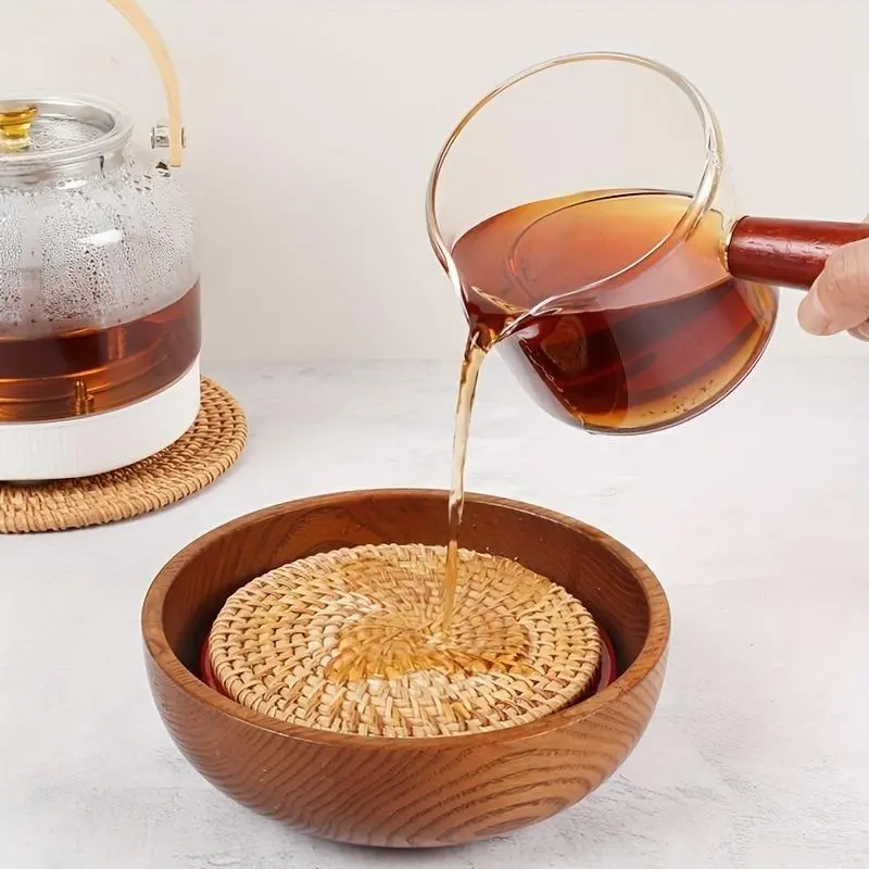 Round Rattan Braided Coaster, 2/4 Counts/set Elegant Tableware Accessory, Decorative Coaster for Home Kitchen Dining Room 3