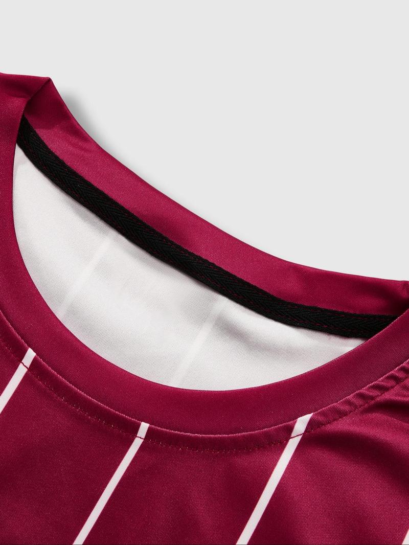 Product Introduction of Two-Piece Set Men's Letter Print Short Sleeve Crop Tee & Striped Print Shorts, Regular Fit Round Neck T-shirt & Track Shorts, Casual Summer Clothes Set for Outdoor 4