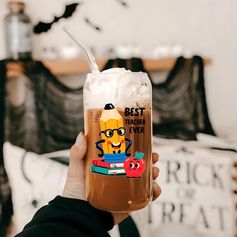 16oz Glass Cup with Straw & Brush, 1 Count Cute Cartoon Pattern Glass Cup, Drinking Cup for Home Office School, Gift for Teacher, Drinkware 7