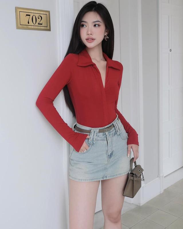 Áo bodysuit Nữ kéo khoá cúc bấm. Áo bodysuit cổ bẻ khoá kéo sang chảnh A1 Casual Bodysuits Top Women thun 1