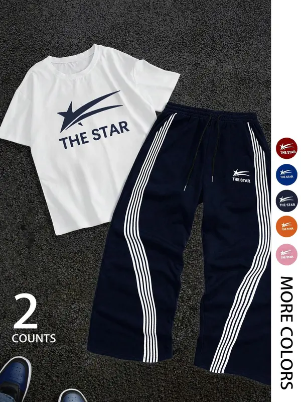 Two-Piece Set Men's Letter Print Short Sleeve Tee & Tracksuit Legging Set, Regular Fit Round Neck T-shirt & Striped Print Pants, Casual Fashion Breathable Men Two-piece for Gym Workout Running 6