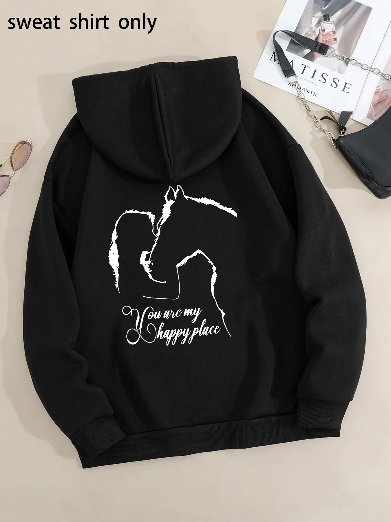 Women's Horse & Letter Print Drop Shoulder Hoodie, Fashion Casual Drawstring Pocket Hooded Sweatshirt for Daily Holiday Outdoor Wear, Women Clothing for Fall & Winter