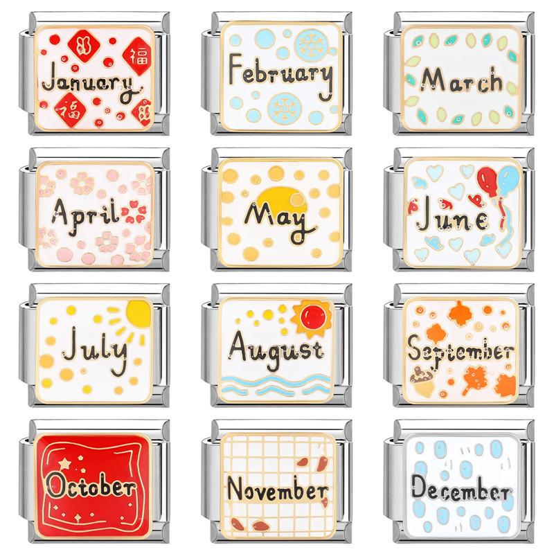 Vòng Tay Charm Ý Dòng 12 Tháng Thời Trang Vòng Tay Vừa Vặn 9mm Phụ Kiện Tự Làm Bằng Thép Không Gỉ Phụ Kiện Vòng Tay Mô-đun Cá Tính Cổ Điển