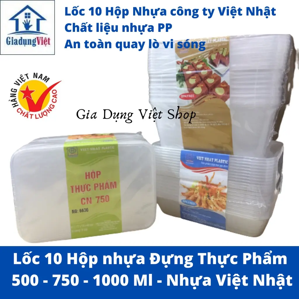 Lốc 10 Hộp Nhựa Đựng Thực Phẩm Chữ Nhật Có Nắp Dung Tích 500 - 750 - 1000 Ml Nhựa Việt Nhật Quay Được Lò Vi Sóng