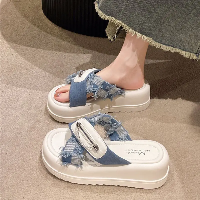 Dép Denim, Cao Cấp Cho Nữ, Đế Dày, Tăng Chiều Cao, Chống Trượt, Dép Xỏ Ngón Đế Thời Trang, Hàng Mới Về Mùa Hè 3
