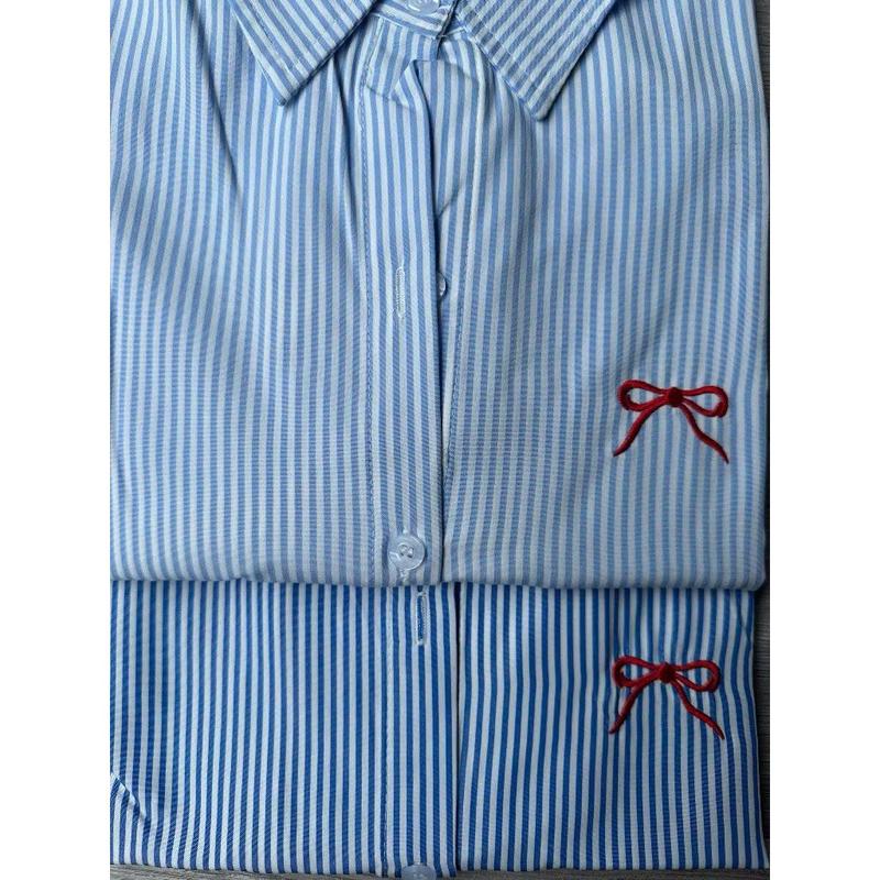 [ A18 ] Áo Sơ Mi Nữ Ngắn Tay Form Rộng Kẻ Sọc Thêu Nơ Phong Cách Hàn Quốc Qiho Women Top | BigBuy360 - bigbuy360.vn