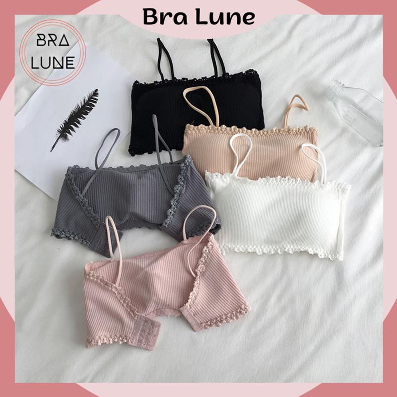Áo bra nữ cotton viền ren mút mỏng có thể tháo rời BRALUNE, áo ống nữ dây mảnh tôn vòng 1 mã 621 Trắng Women Tua Rua