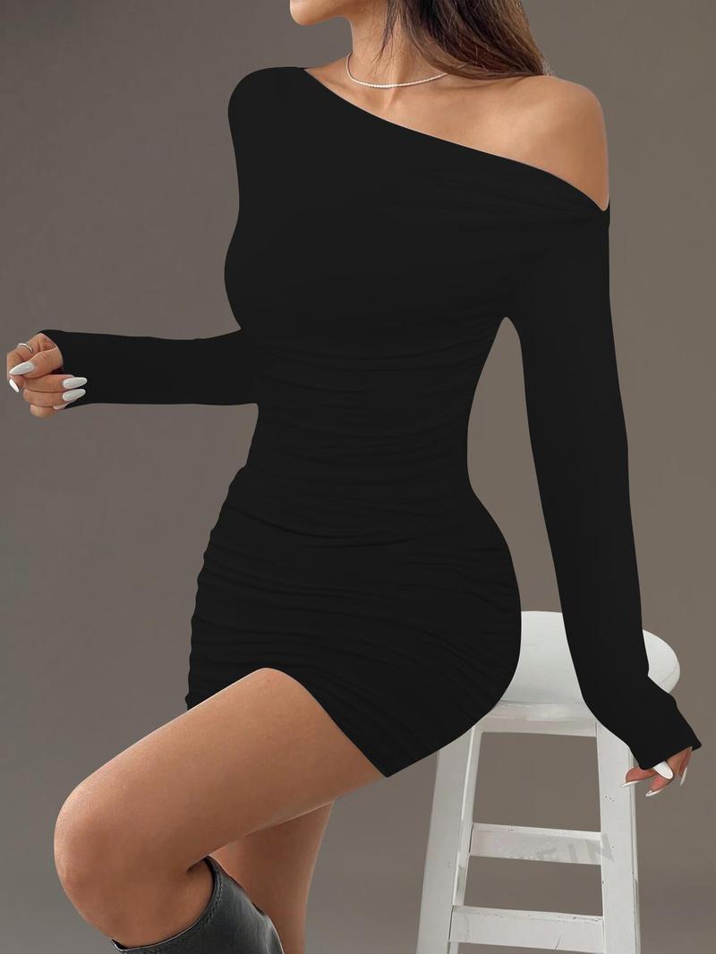 Product Introduction of Women's Plain Ruched Asymmetrical Neck Bodycon Dress, Classy Long Sleeve Short Dress for Party Club Dating Wear, Women's Clothing for Spring & Fall 1