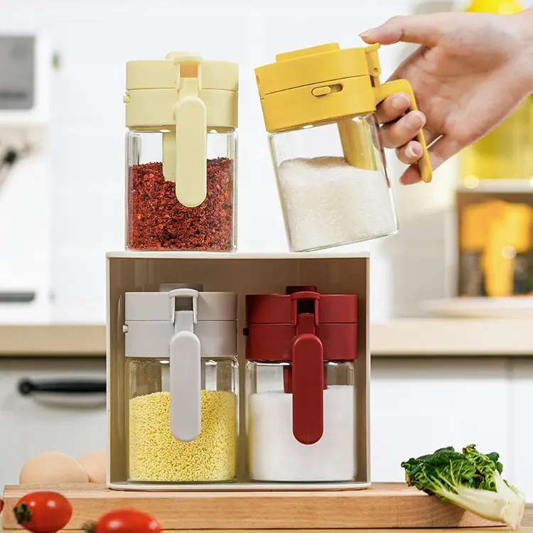Hủ đựng gia vị cao cấp đa năng thìa có ngăn, chốt khóa chống ẩm và lỗ rắc gia vị, lọ thủy tinh