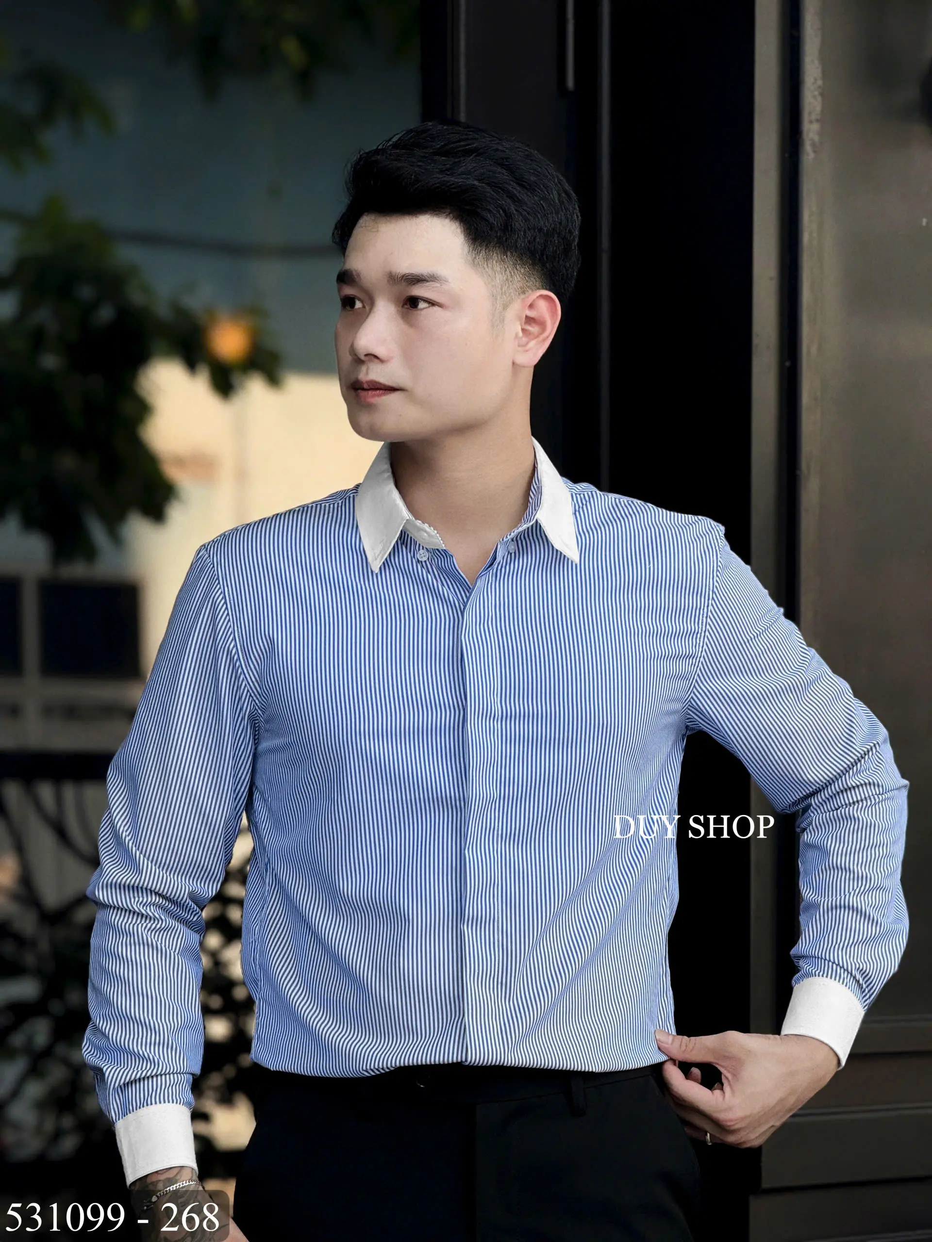[DS4-228] Áo sơ mi nam thiết kế kẻ dọc xanh, ghi pha màu cổ trắng big size đến 100kg [DuyShop] Menswear