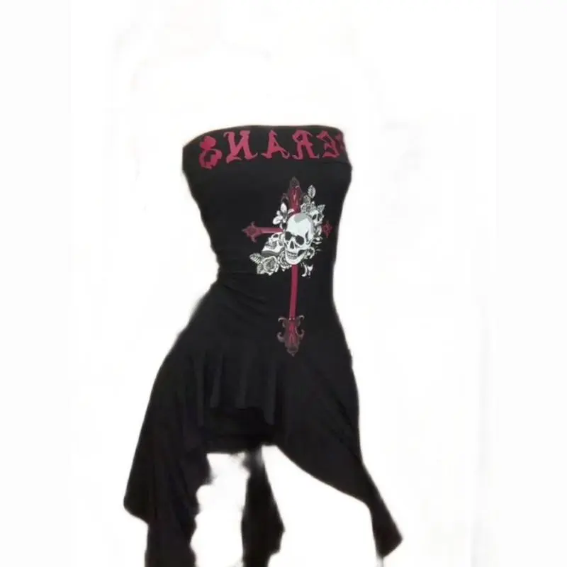European and American Printed Tube Top Dress Niche Irregular Ribbon off-Shoulder Short Skirt