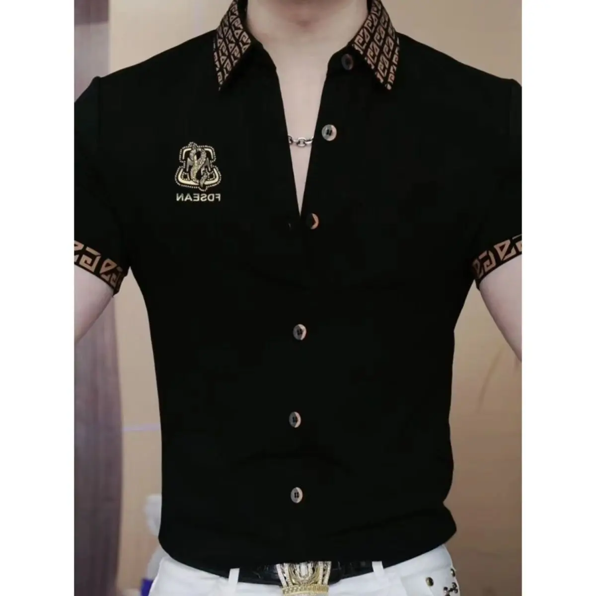 Áo Chui Đầu Cổ Vuông, Áo Sơ Mi Nam ngắn Tay, Cao Cấp, Phong Cách Châu Âu, Thời Trang, Sành Điệu, Thường Ngày, Dễ Phối Đồ, Thích Hợp Cho Mùa Hè, Trạm Mới