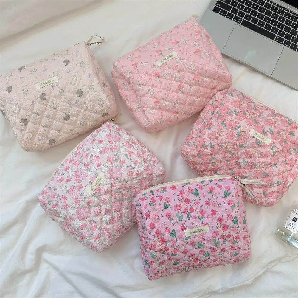 New Large Capacity Cosmetic Bag Floral Pattern Cotton Toiletry Pouch Zipper Portable Makeup Bag Travel